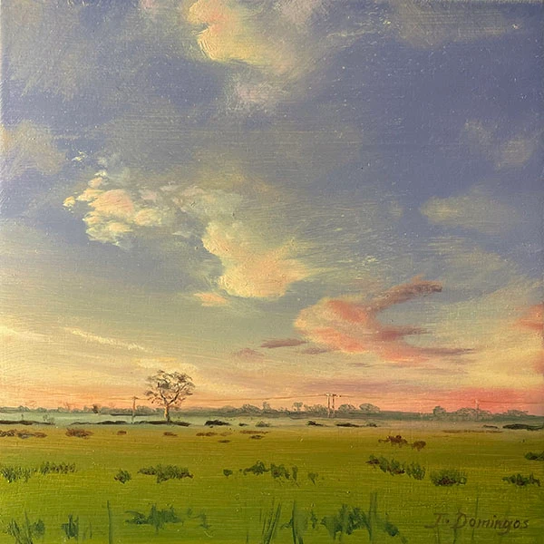 A wide green field under a blue sky with scattered clouds at sunset; a lone tree stands near the horizon. Oil on board; 16cm by 16cm.