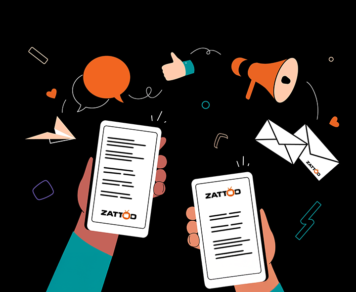 Illustration with a black background: Two hands holding smartphones with the Zattoo logo, surrounded by symbols like a speech bubble, thumbs-up, megaphone, envelopes, and hearts, representing communication and interaction.