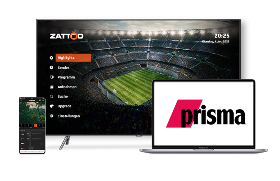 Zattoo auf Smart-TV, Smartphone und Tablet mit Prisma Logo