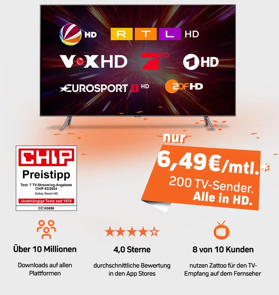 Smart HD: Fernsehen in HD-Qualität zum kleinen Preis. Einfach Zattoo-App auf TV installieren & genießen.