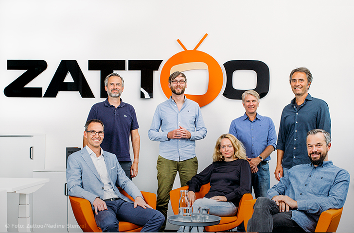Photo de l'équipe de direction de Zattoo dans le bureau devant le logo de la société