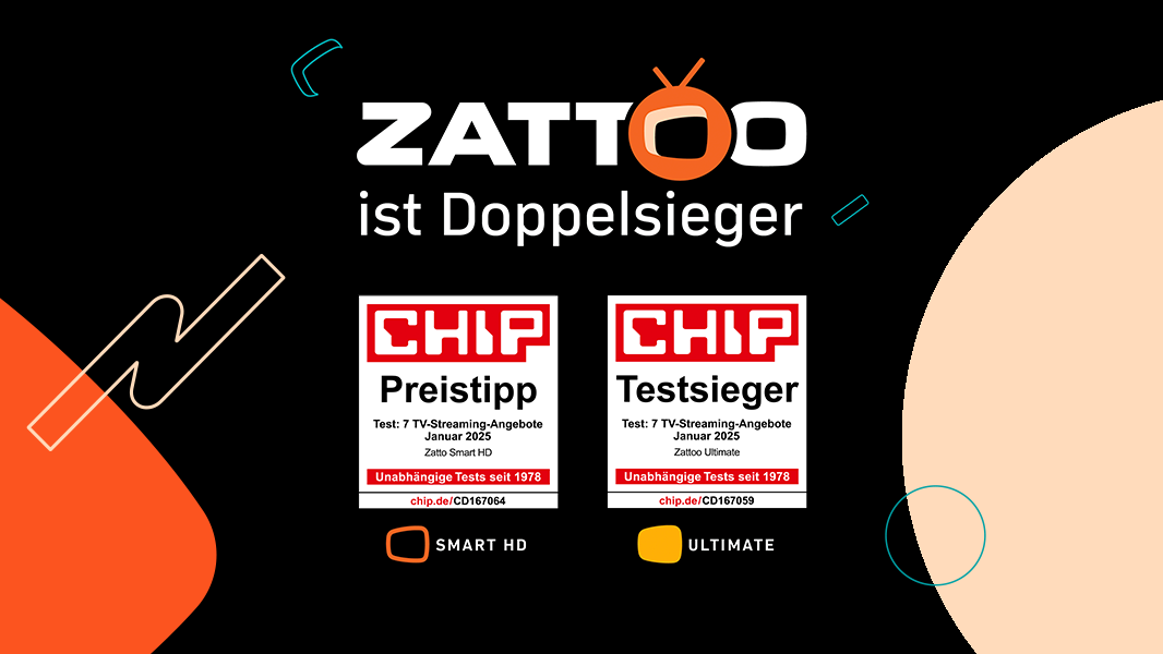 Grafik mit schwarzem Hintergrund und dem Titel 'Zattoo ist Doppelsieger'. Links ist das CHIP-Siegel 'Preistipp' für Zattoo Smart HD aus dem Januar 2025 zu sehen. Rechts das CHIP-Siegel 'Testsieger' für Zattoo Ultimate aus dem Januar 2025. Beide Siegel betonen unabhängige Tests seit 1978. Unten sind die Logos von Zattoo Smart HD (orange) und Zattoo Ultimate (gelb) abgebildet.