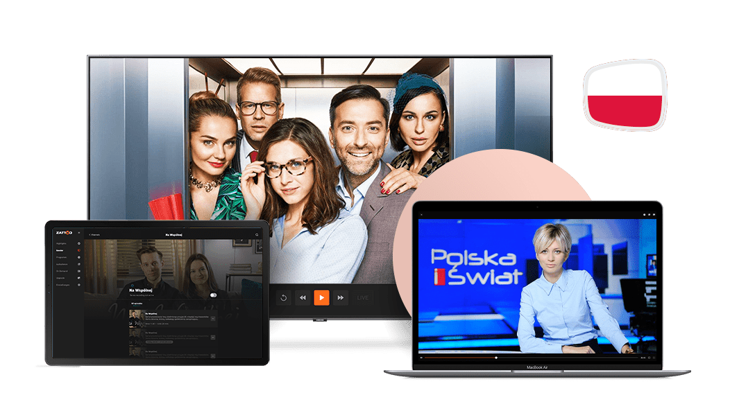 Smart-TV, Laptop und Smartphone mit polnischem Senderpaket von Zattoo
