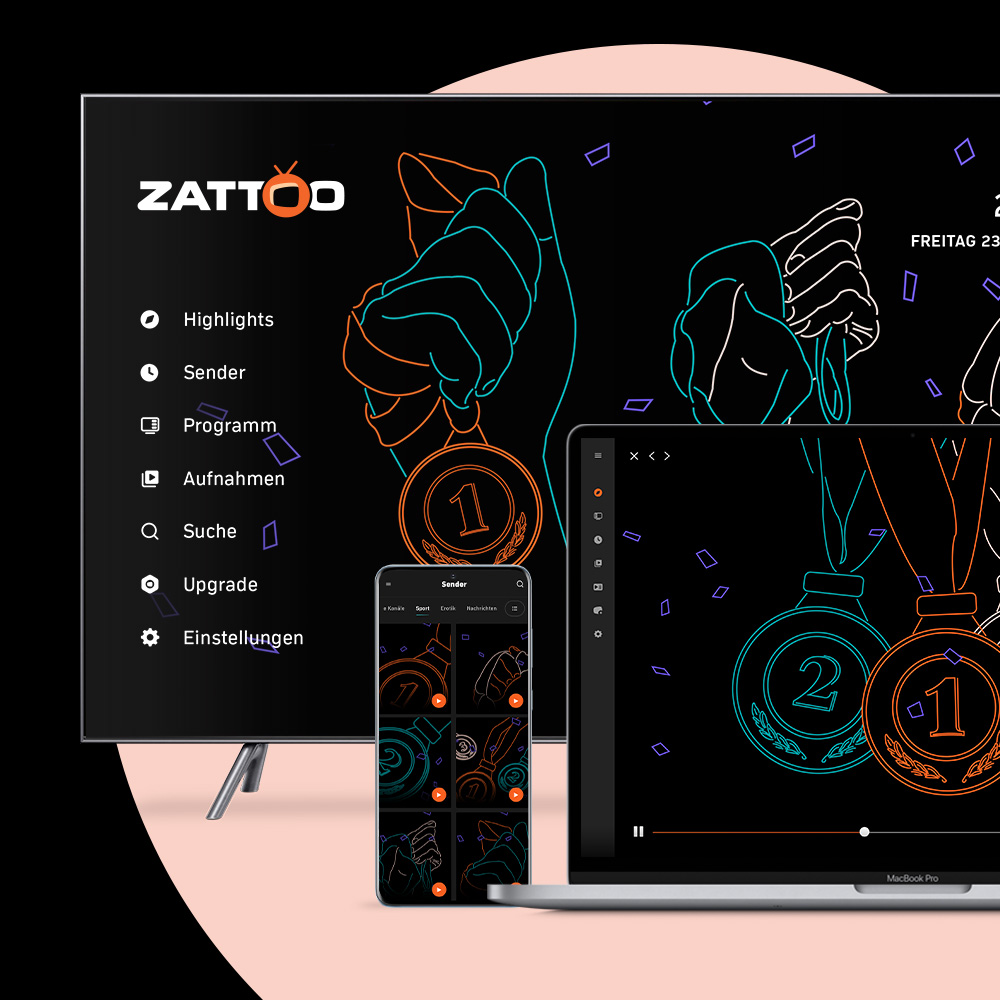Smart-TV, Laptop und Smartphone mit Zattoo