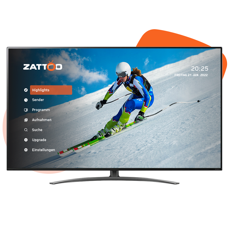 LG Smart-TV mit Skifahrer und Zattoo Menü auf dem Bildschirm