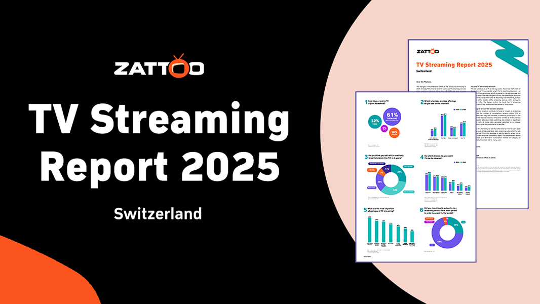 Graphic with black background and Zattoo logo. On the left, the title TV Streaming Report 2025 Switzerland in large letters. On the right, two preview pages of the report showing charts and text about TV usage in Switzerland. 