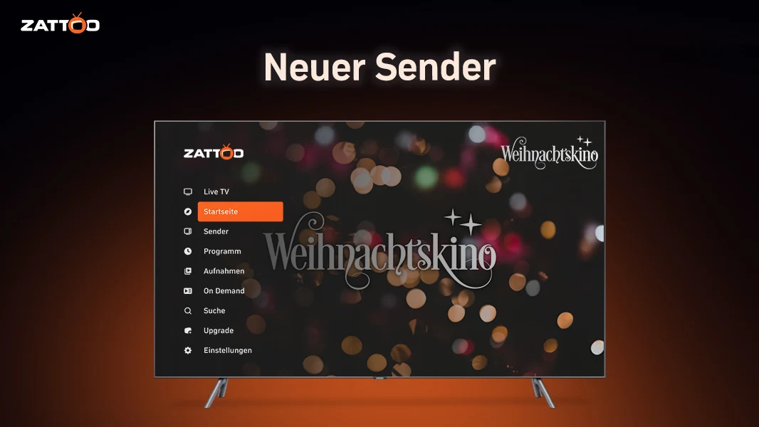 Ein Fernseher zeigt die Zattoo-Benutzeroberfläche mit einem neuen Sender namens "Weihnachtskino". Der Hintergrund ist festlich mit unscharfen, leuchtenden Lichtern in warmen Farben gestaltet. Oben steht der Text „Neuer Sender“, und der Sendername „Weihnachtskino“ ist prominent in einer eleganten Schrift dargestellt.