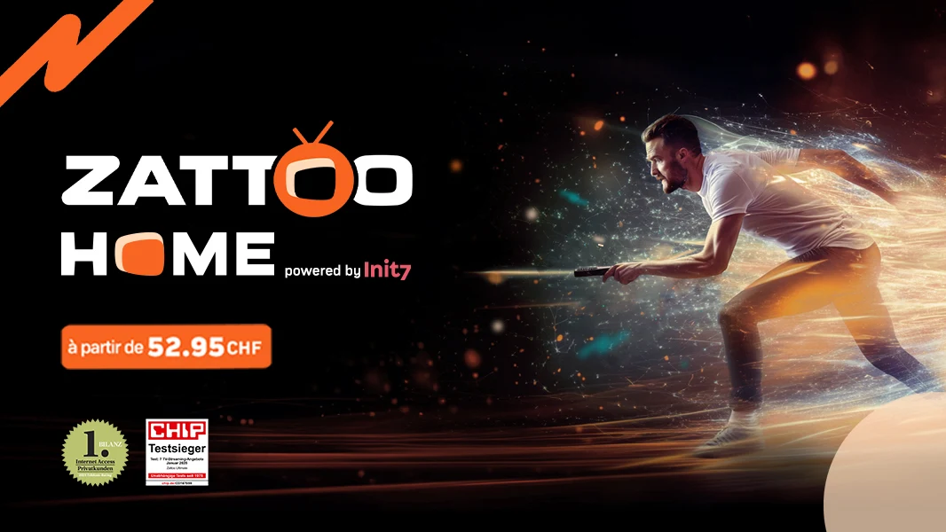 Graphique promotionnel avec un fond noir : logo Zattoo Home avec "powered by Init7", indication de prix "dès 52.95 CHF" et un homme courant à travers des faisceaux lumineux avec une télécommande. En dessous, les logos de CHIP et BILANZ en tant que lauréats et meilleur fournisseur internet.