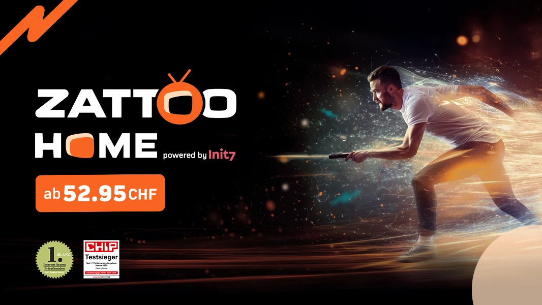 Werbegrafik mit schwarzem Hintergrund: Zattoo Home Logo mit "powered by Init7", Preisangabe "ab 52.95 CHF" und einem Mann mit einer Fernebedienung, der durch dynamische Lichtstrahlen rennt. Darunter Logos von CHIP und BILANZ als Testsieger und bestbewerteter Internetanbieter.