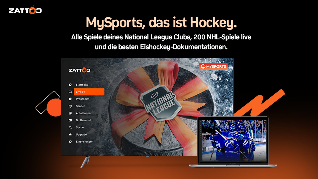 Werbegrafik mit schwarzem Hintergrund. Oben der Slogan "MySports, das ist Hockey." mit weiteren Informationen zu den übertragenen Spielen. In der Bildmitte ein Fernseher mit der Zattoo-Benutzeroberfläche, auf dem ein Eishockey-Puck mit National League-Logo zu sehen ist. Rechts daneben ein Laptop, auf dem eine Eishockey-Spielszene mit jubelnden Spielern angezeigt wird.