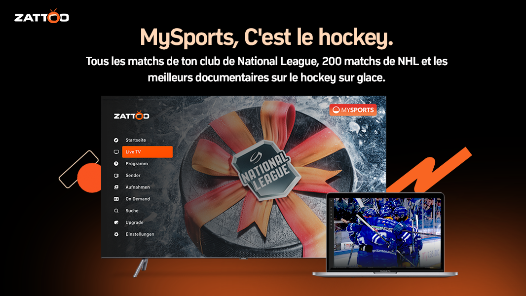 Graphique promotionnel avec un fond noir. En haut, le slogan "MySports, das ist Hockey." avec des informations supplémentaires sur les matchs diffusés. Au centre, un écran de télévision affichant l'interface Zattoo avec un palet de hockey sur glace portant le logo de la National League. À droite, un ordinateur portable montrant une scène de match de hockey avec des joueurs en train de célébrer.