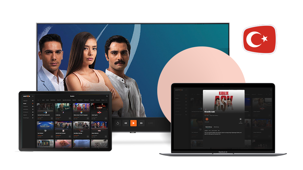 Smart-TV, Laptop and Smartphone with Turkish channels on Zattoo