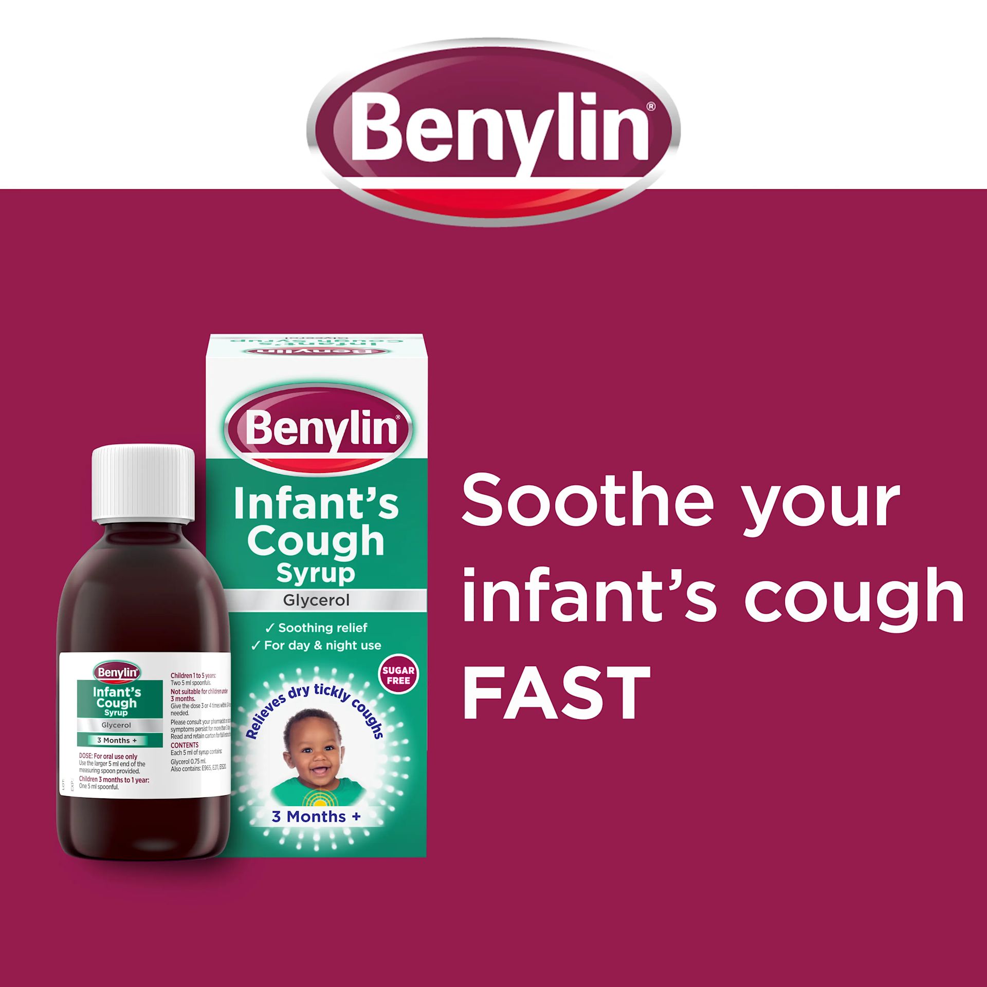 Image showing Benylin Infant's Cough Syrup with the claim: Soothe your infant's cough fast