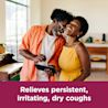 Image showing a couple laughing with the claim: Relieves persistent, irritating, dry coughs