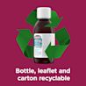 Image showing the bottle of Benylin Mucus Cough Max Menthol with the claim: Bottle, leaflet and carton recyclable