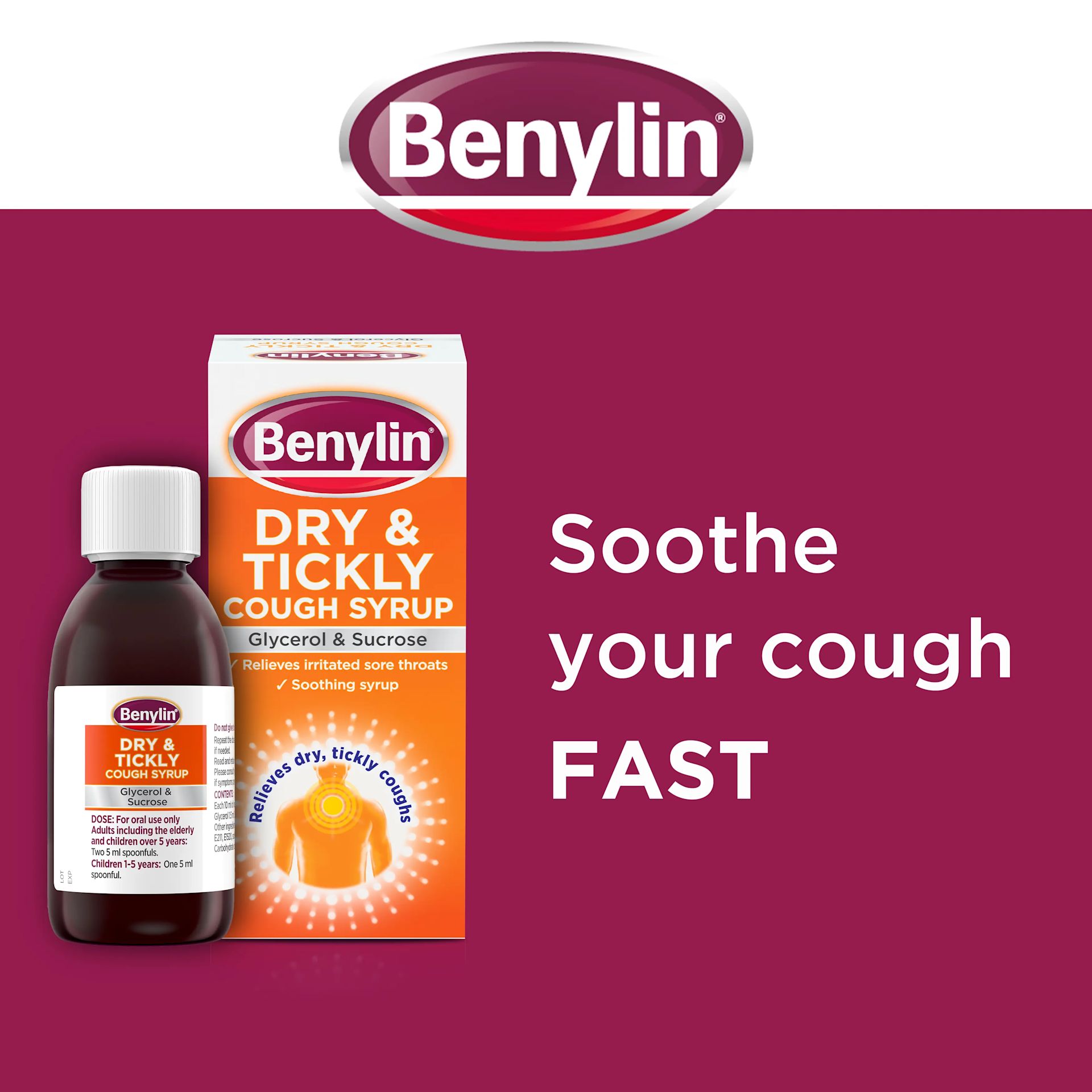 Image showing packshot of Dry & Tickly with the title: Soothe your cough FAST