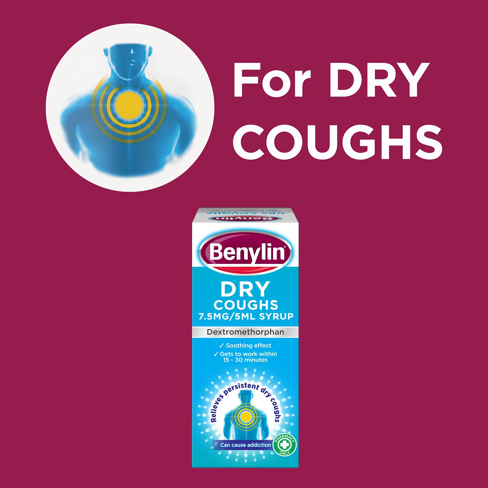 Image showing Benylin Dry Coughs non-drowsy product with the claim: For DRY COUGHS