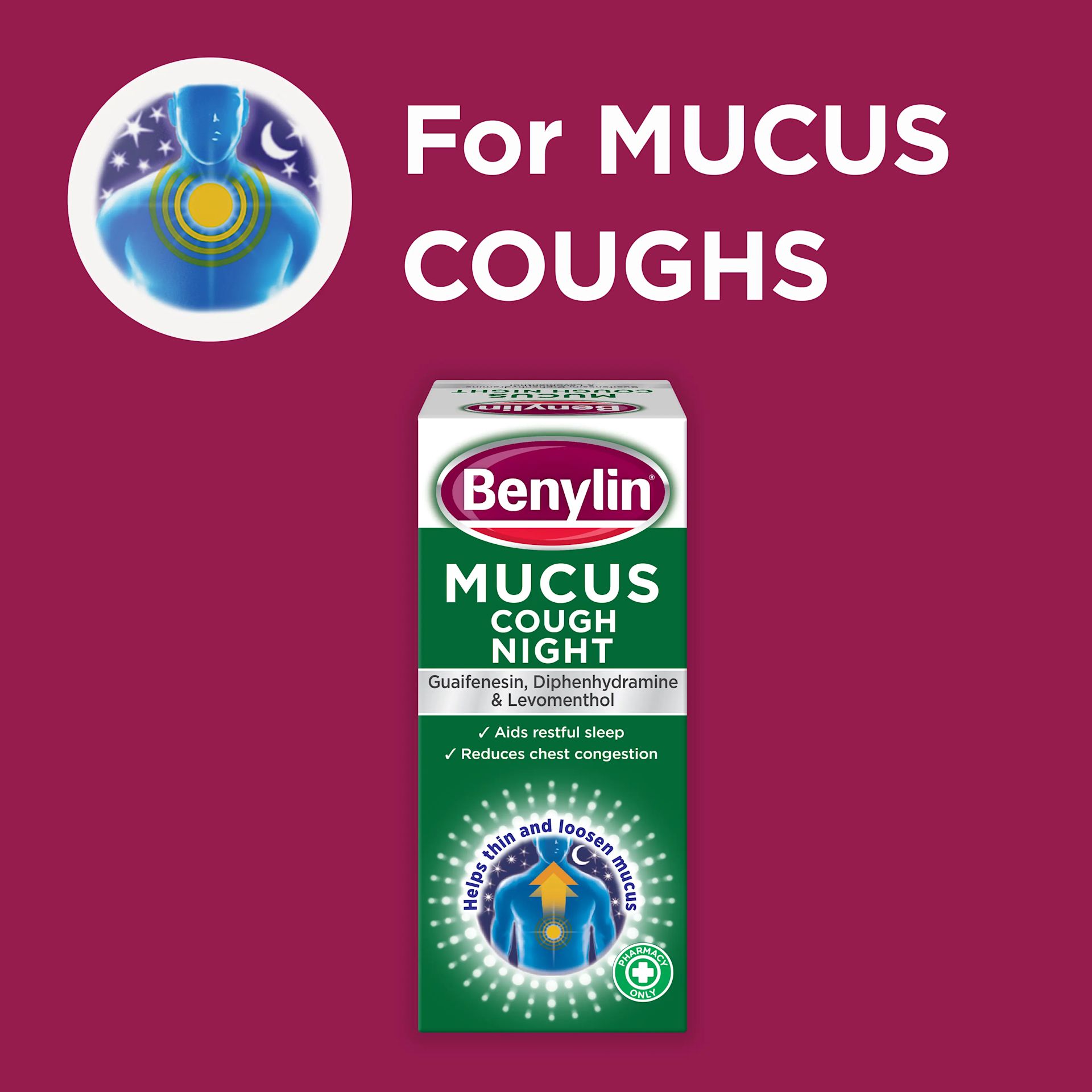 Image showing packshot of Benylin Mucus Cough Night with the title: For mucus coughs