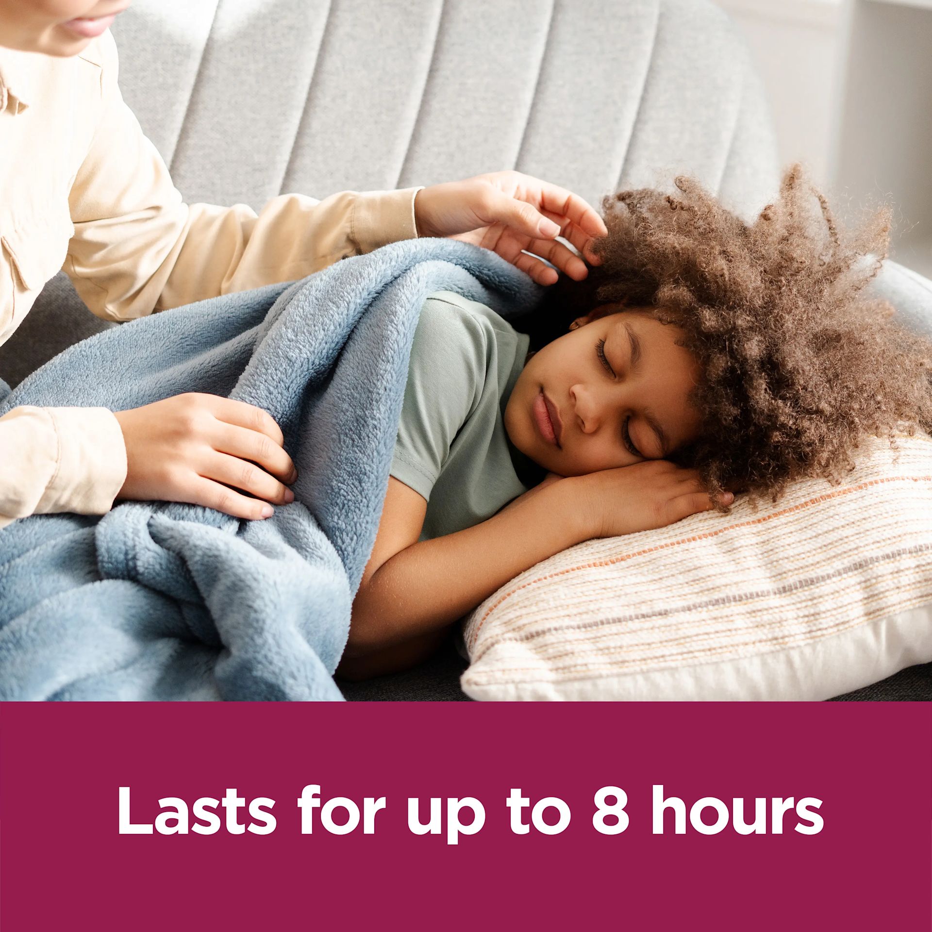 Image showing a kid sleeping with the claim: Lasts for up to 8 hours
