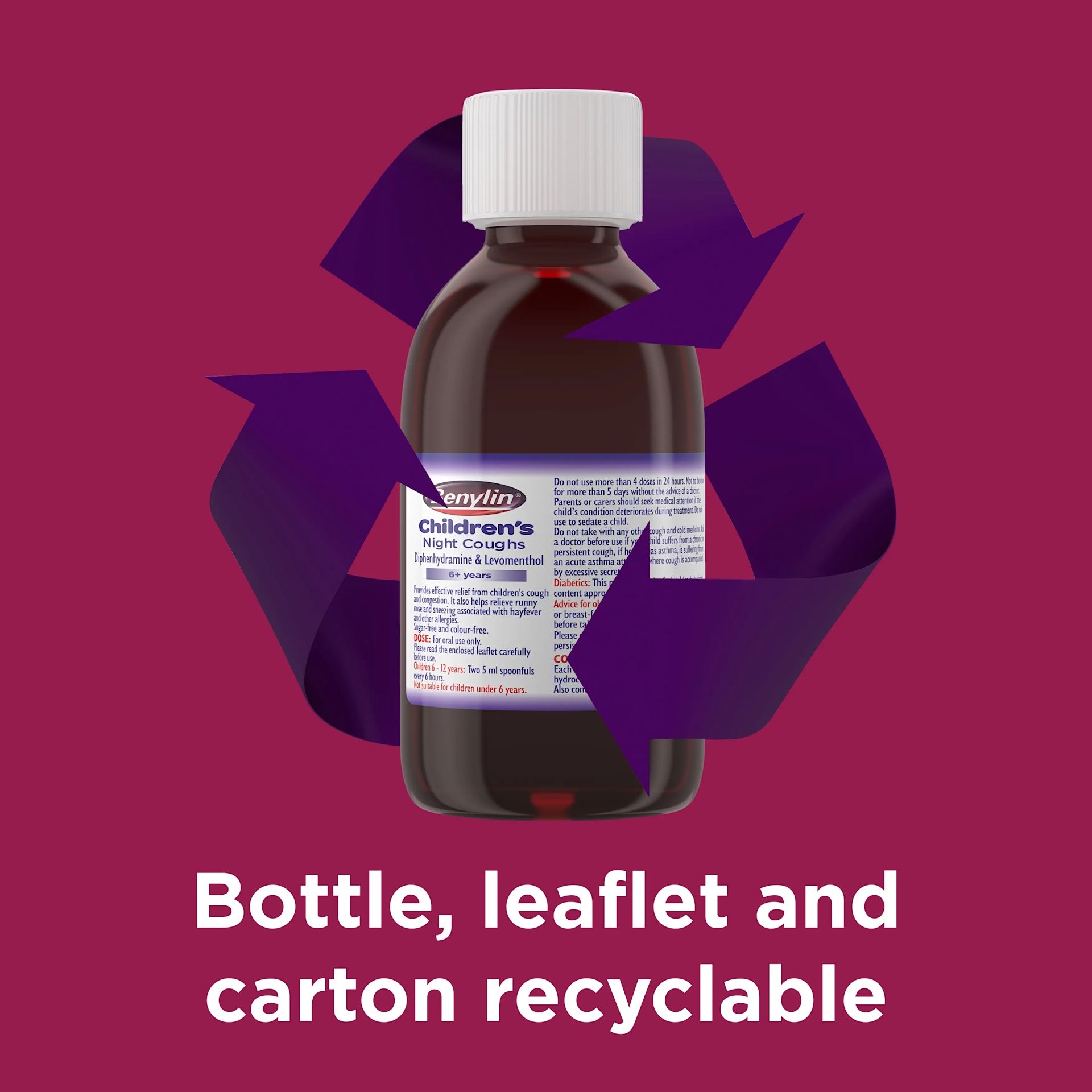 Image showing the bottle of Benylin Children’s Night Coughs with the claim: Bottle, leaflet and carton recyclable