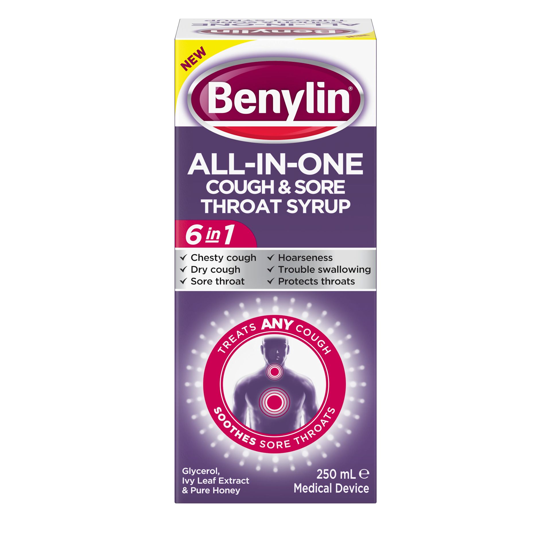 BENYLIN® ALL-IN-ONE Cough and Sore Throat Syrup.