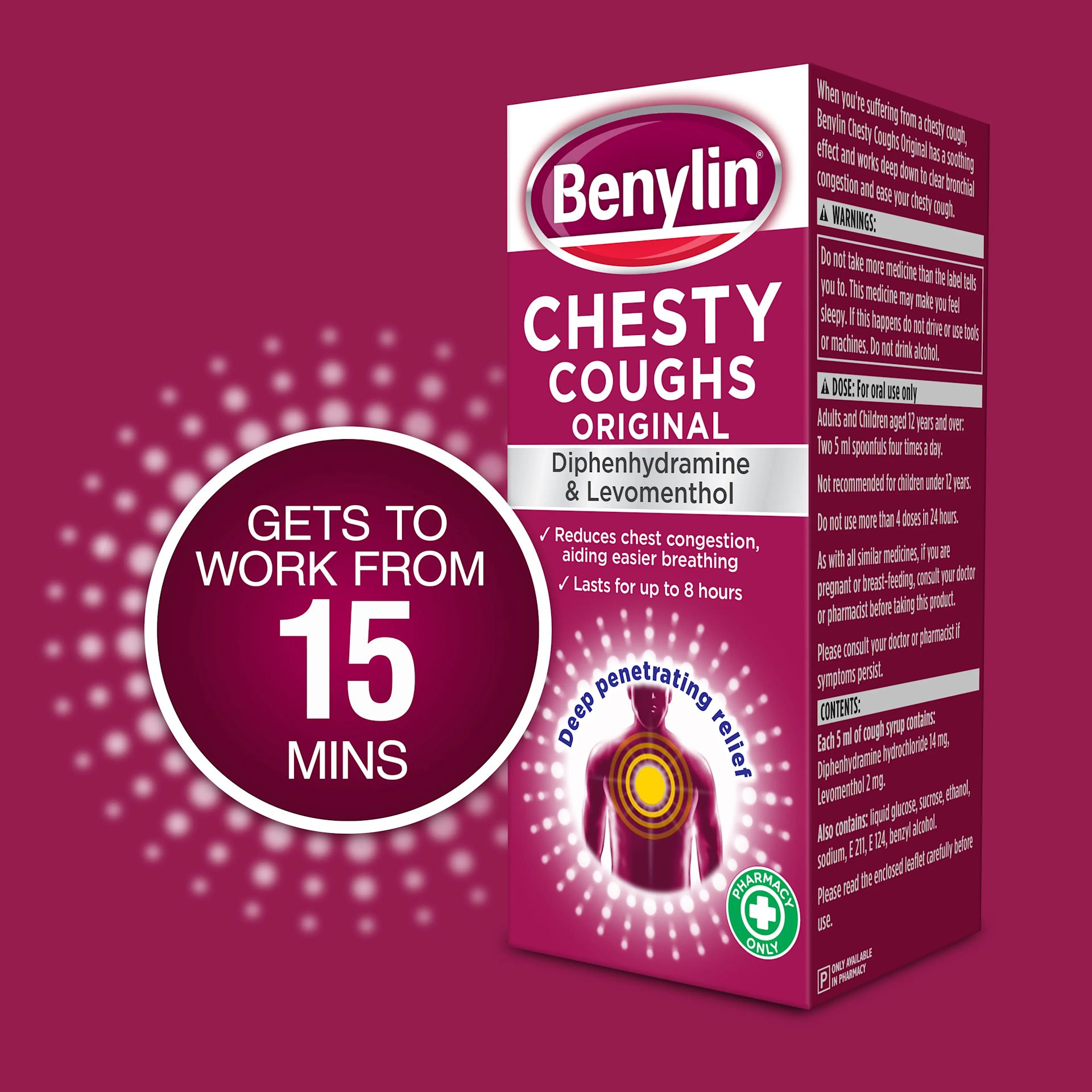 Image showing packshot of Benylin Chesty Coughs Original Medicine with the caption: Gets to work from 15 mins