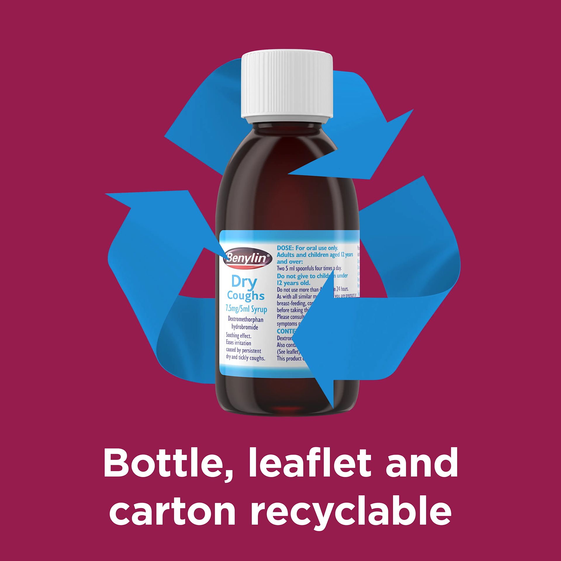 Image showing packshot of Benylin Dry Coughs with the claim: Bottle, leaflet and carton recyclable