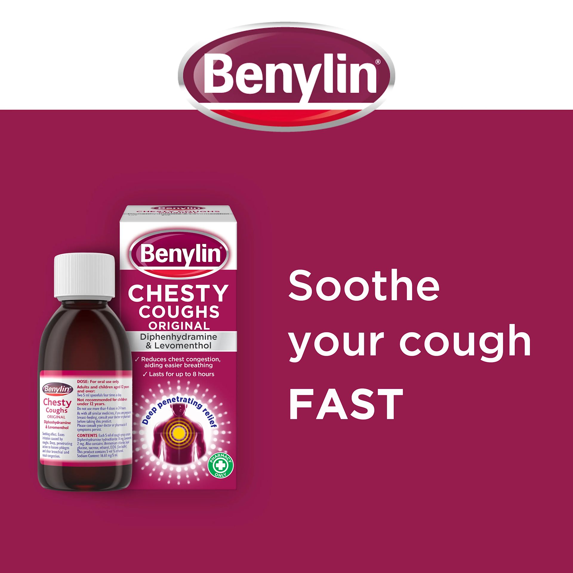 Image showing packshot of Benylin Chesty Coughs Original Medicine with the title: Soothe your cough FAST