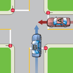 Four-way stop where one vehicle arrives first