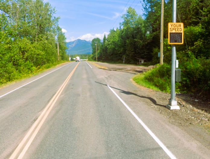A newly installed speed reader board along Highway 16, near the Gitsegukla community at the confluence of the Kitseguecla and Skeena Rivers.