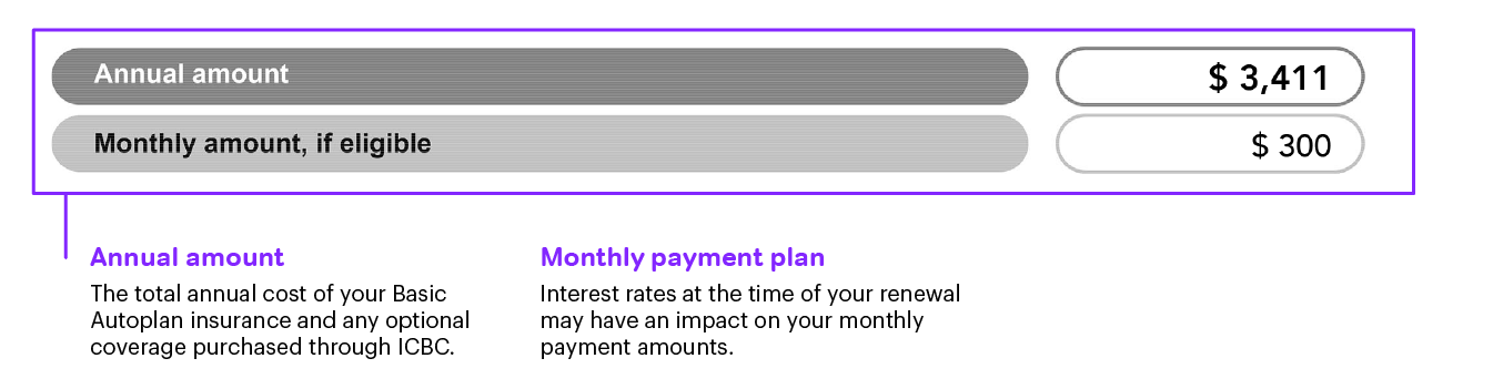 Annual amount 
The total annual cost of your Basic Autoplan insurance and any optional coverage purchased through ICBC. 

Monthly payment plan 
Interest rates at the time of your renewal may have an impact on your monthly payment amounts.   