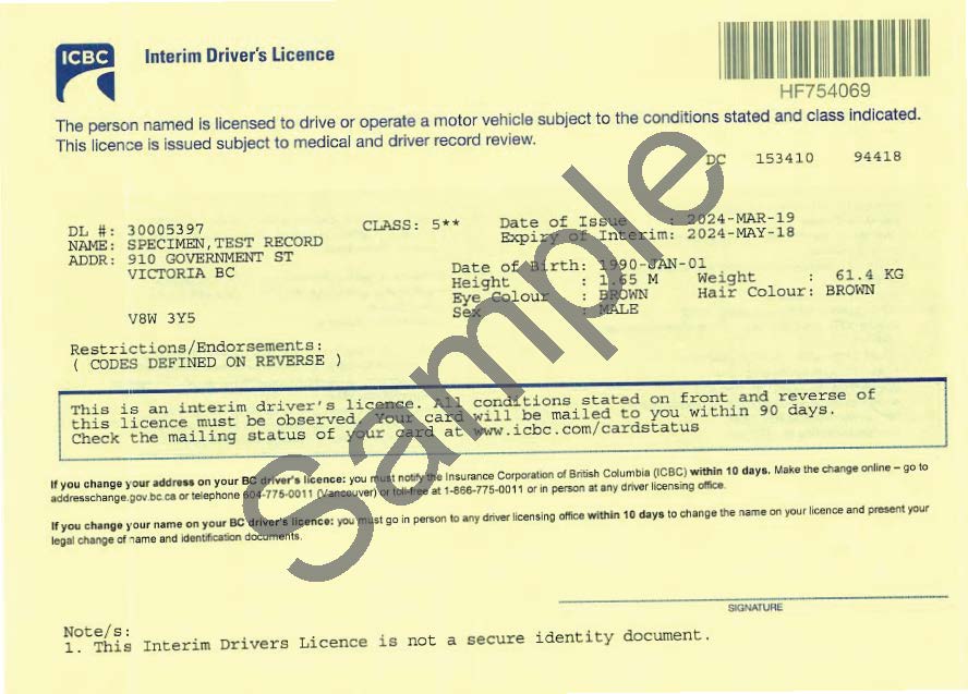 A sample of an interim driver's licence.