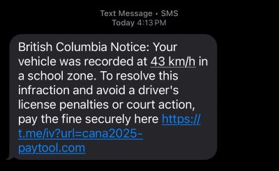 Example of a fraudulent text message