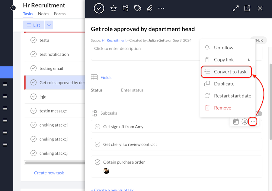 Select The Task V How to Convert a Task to a Subtask (and Vice Versa) | Help Center | Workast