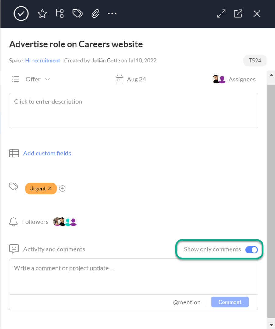 How to see the activity on a task
