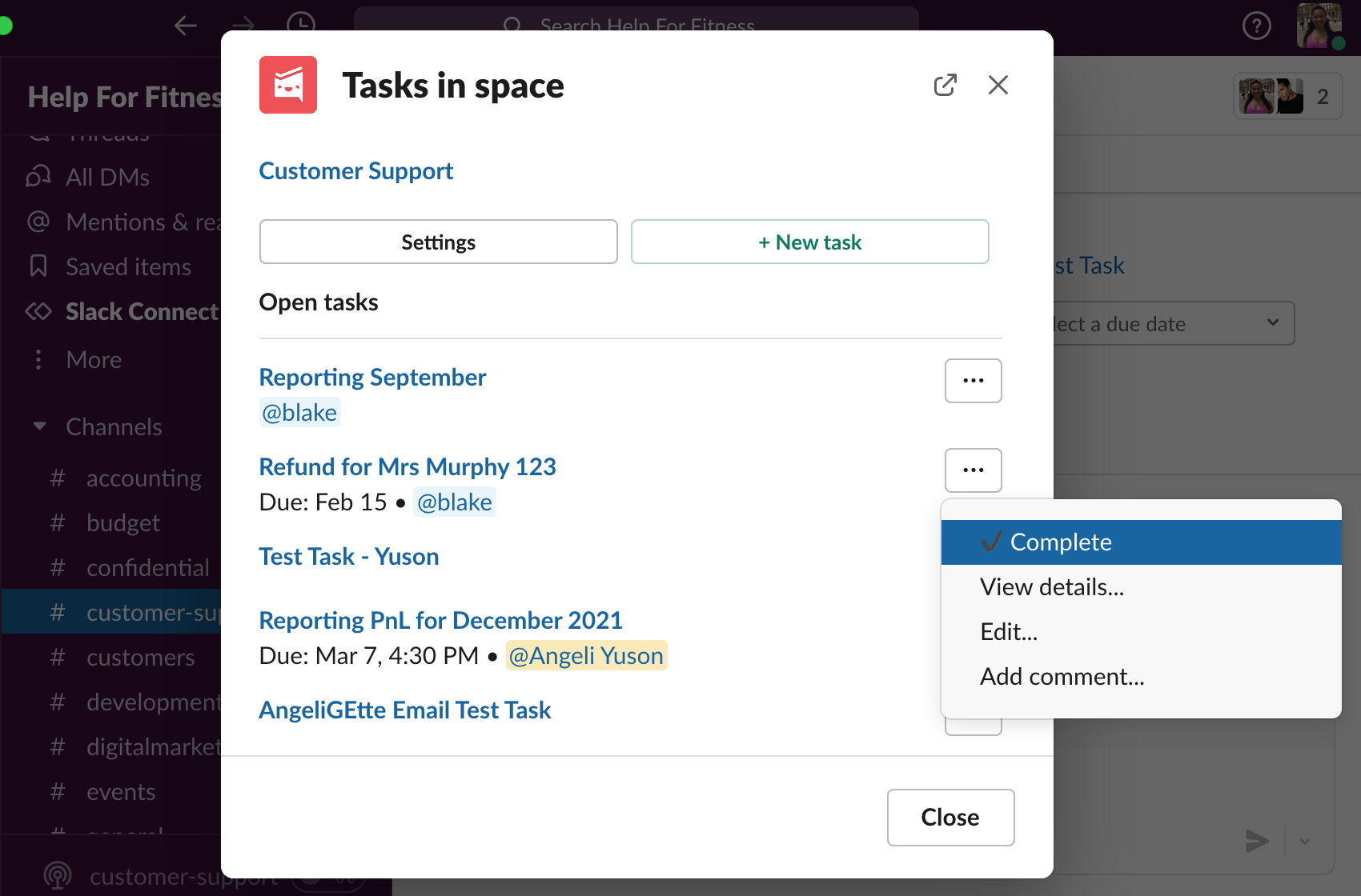 Complete a task in Slack