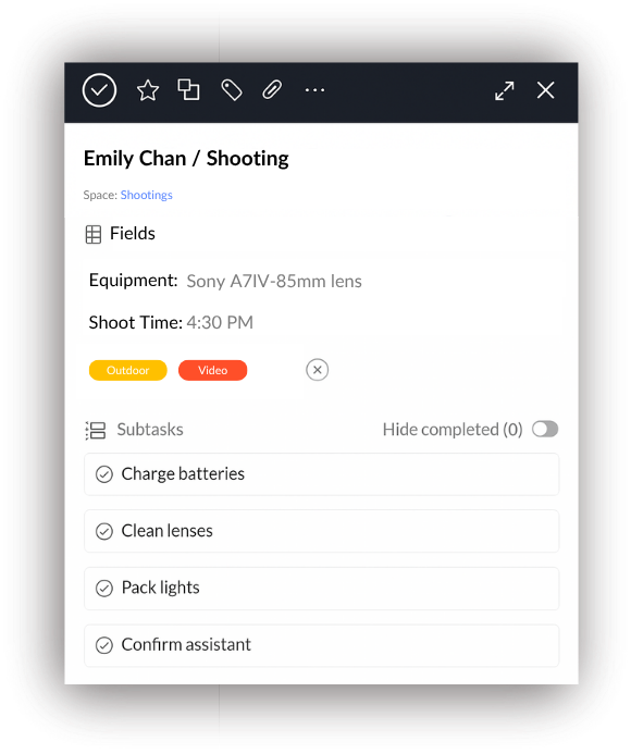 Shoot-day prep, organized