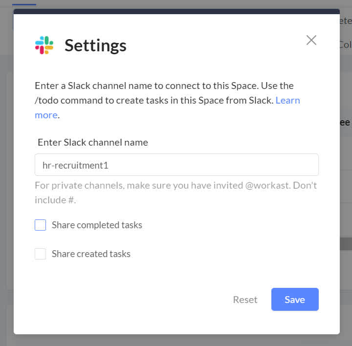 How to turn off or turn on notifications in a Slack channel when a task is completed in Workast4
