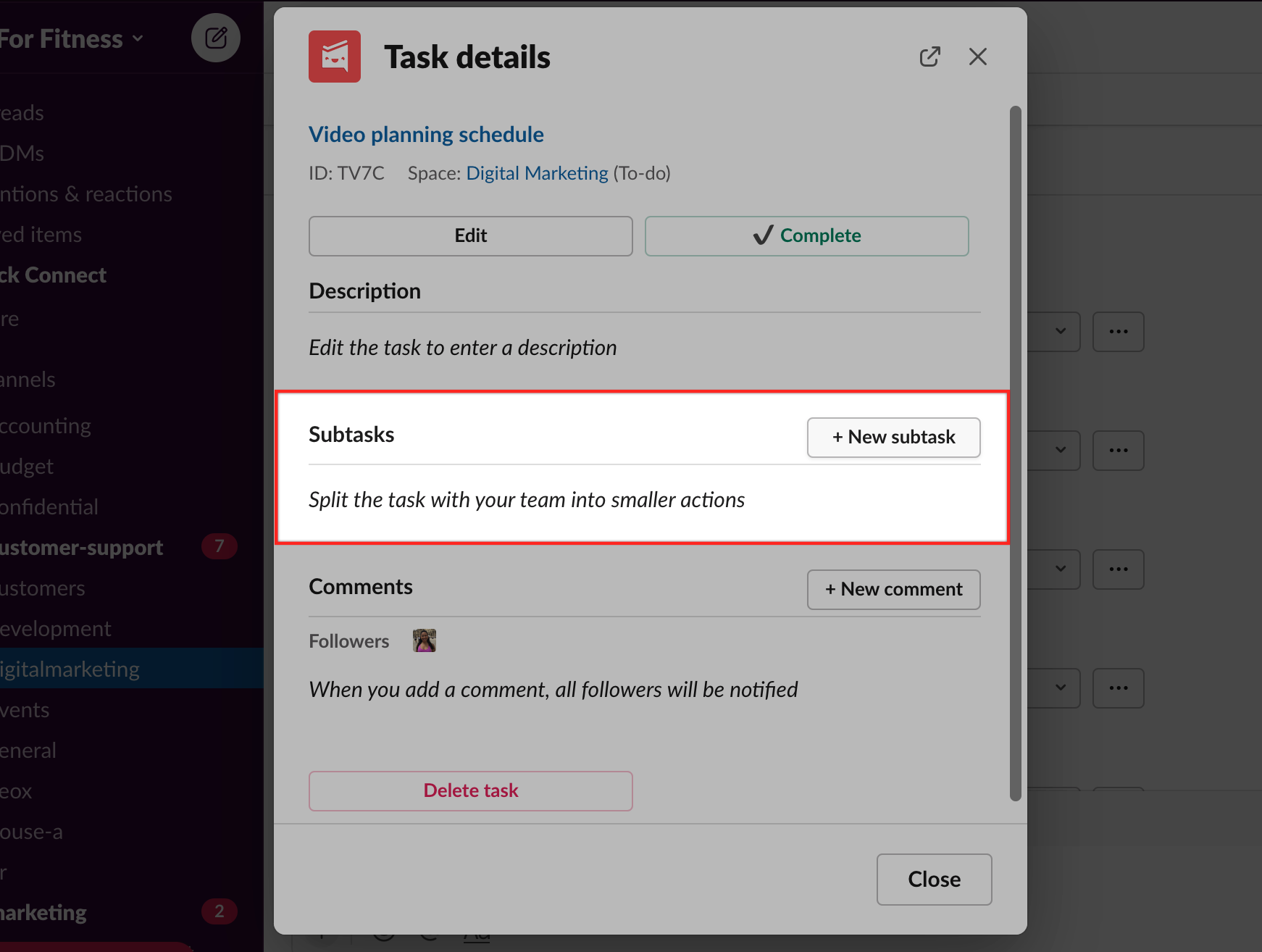 subtasks in slack 1