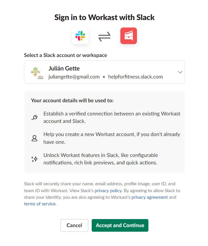 login to Workast via slack