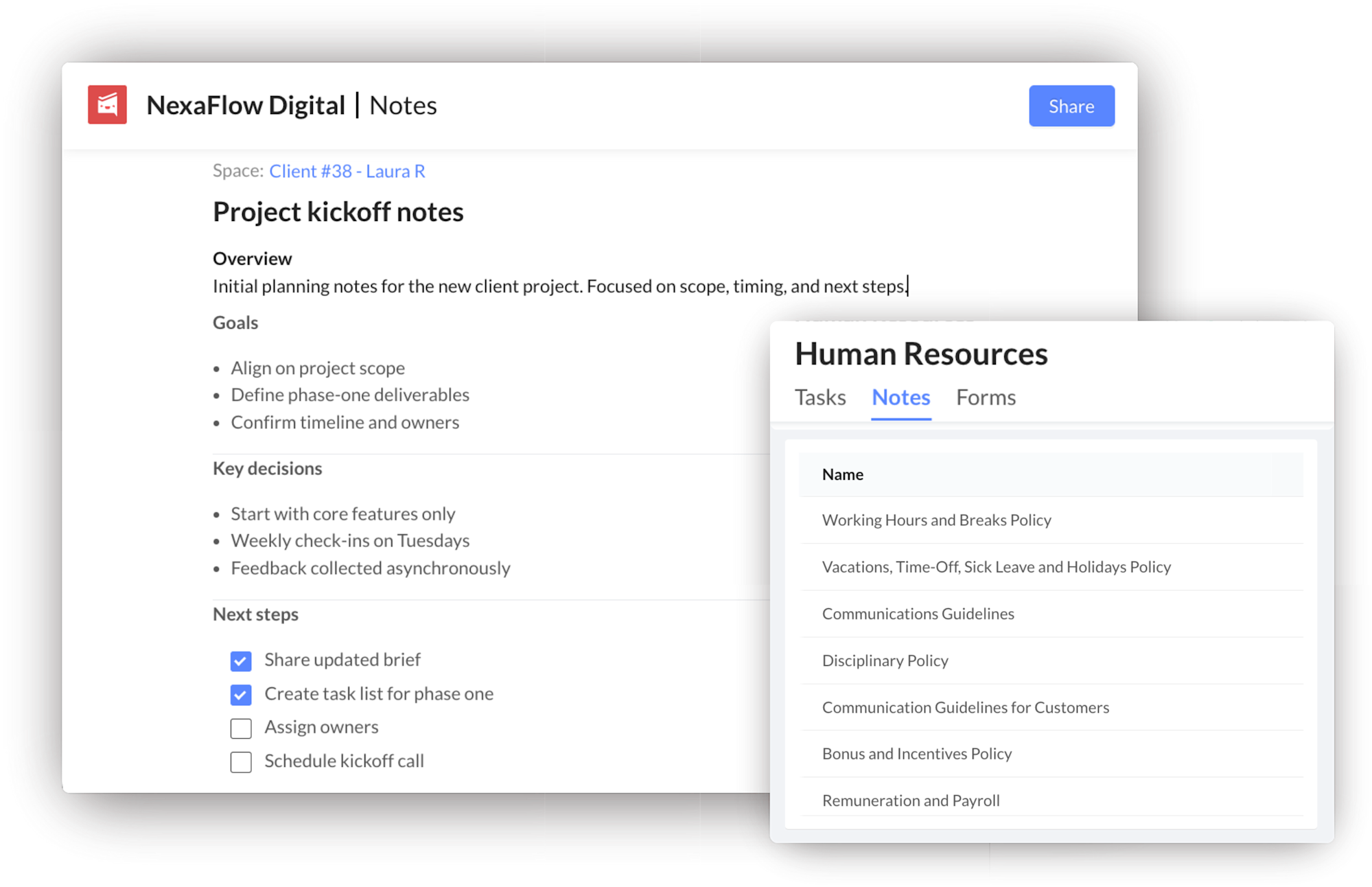 Workspace Notes Notes | Features | Workast
