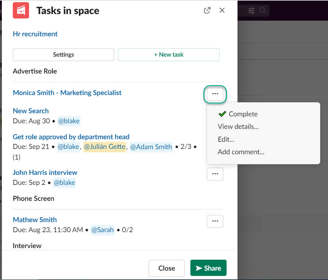 How to view open tasks in Slack
