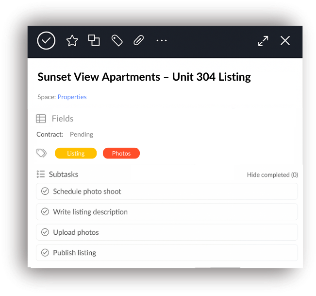 Listing setup subtasks