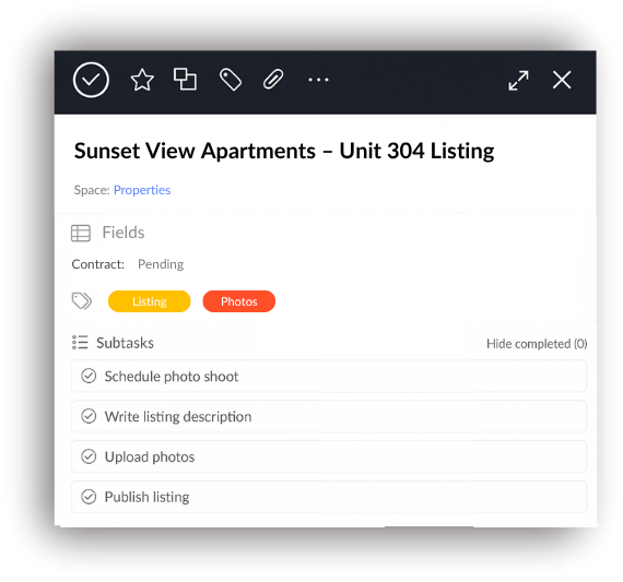 Listing setup subtasks