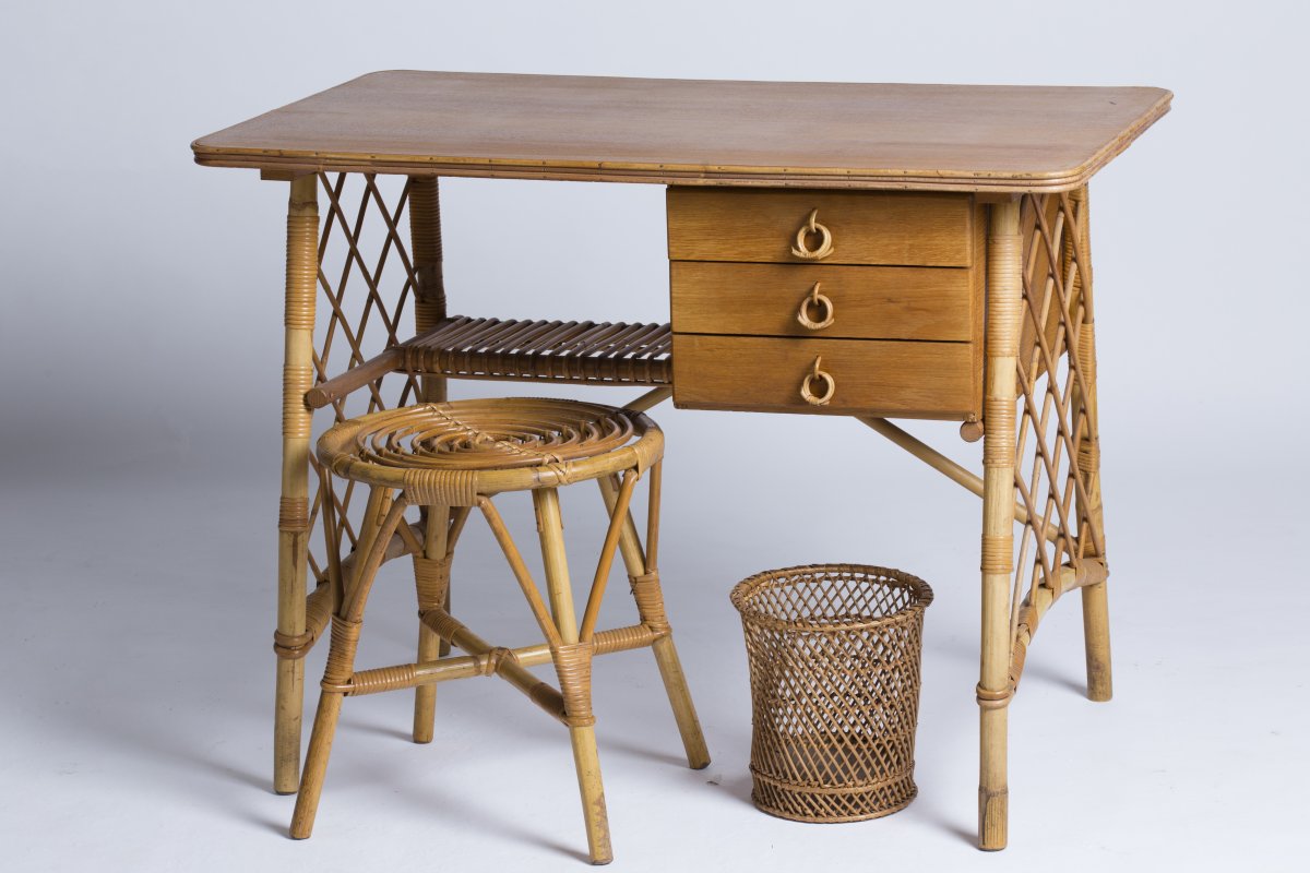 Louis sognot  small desk  stool and wastepaper basket in rattan  1950