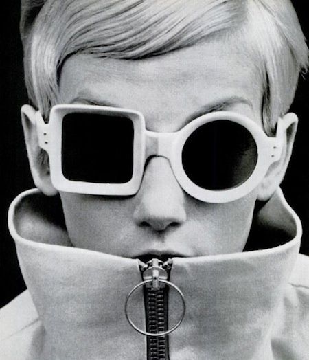 Guy bourdain  twiggy wearing pierre cardin sunglasses in  looking for laughs  feature  1967