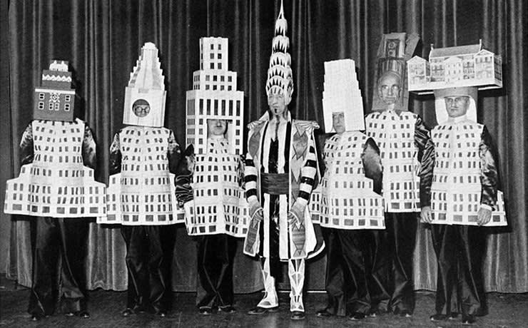 Architects dressed as their most famous buildings   ely jacques kahn  squibb building   william van alen  chrysler building 