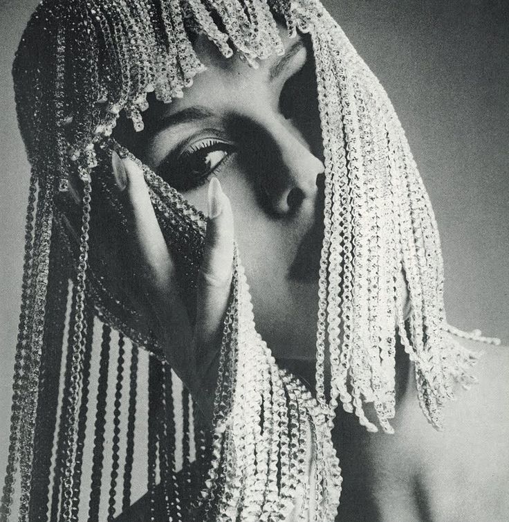 Rhinestone headdress by peter bateman  photo by guy bourdin for vogue uk  1966