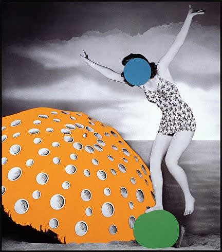 John baldessari  umbrella  orange   with figure and ball  blue  green   2004