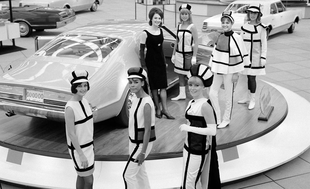 Models wearing saint laurent inspired ensembles at the detroit auto show  1966